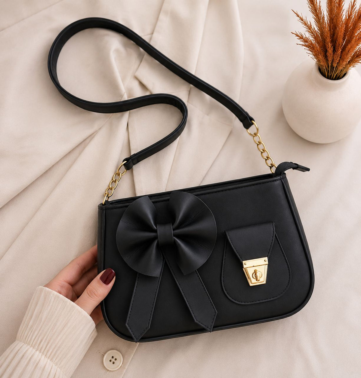 Bella Bow Shoulder Bag – Fashion Mini Handbag with Decorative Bow Design - Black