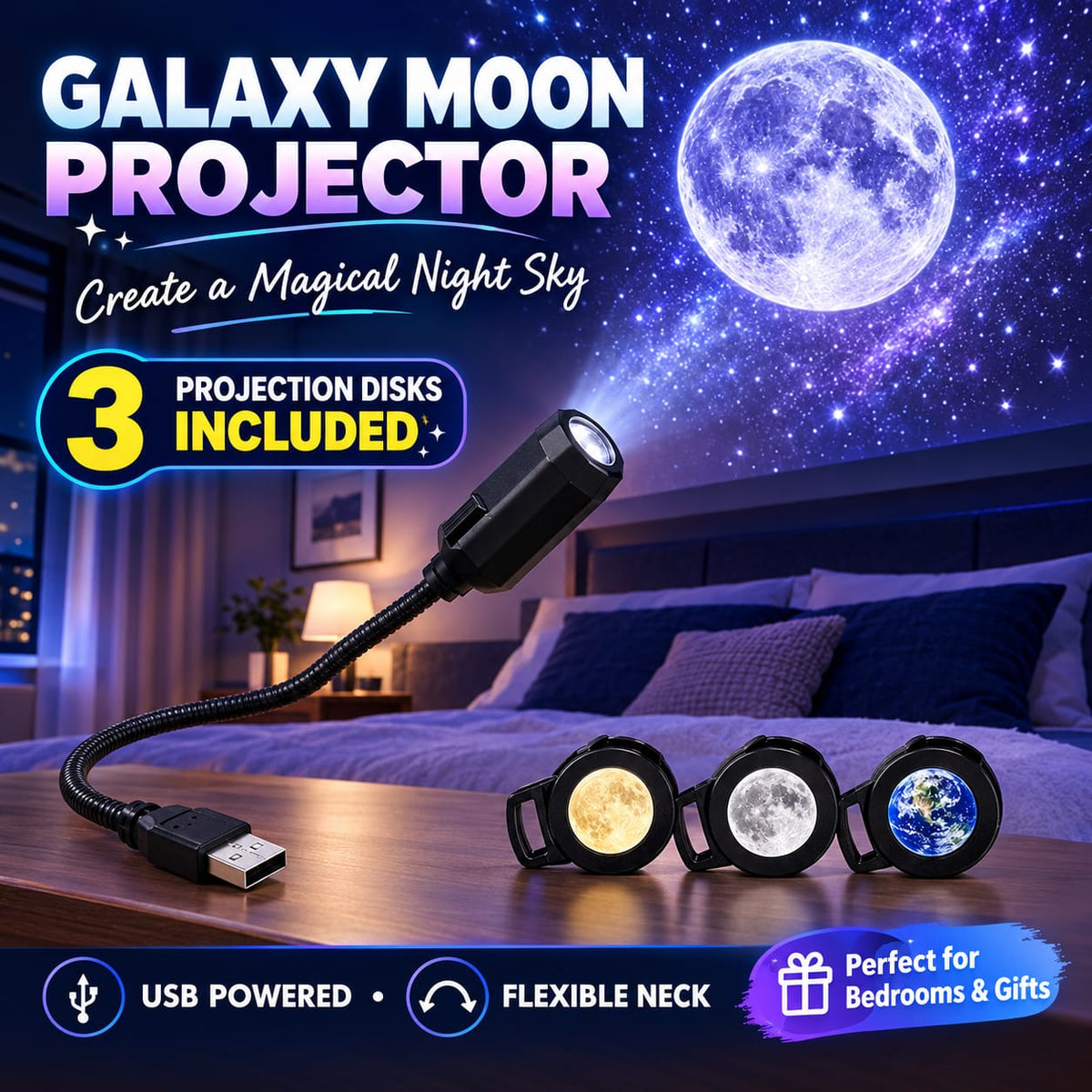 USB Ceiling Moon Earth Projection Atmosphere Light Starry Sky Lamp Night Light Romantic Bedroom Decoration Projector